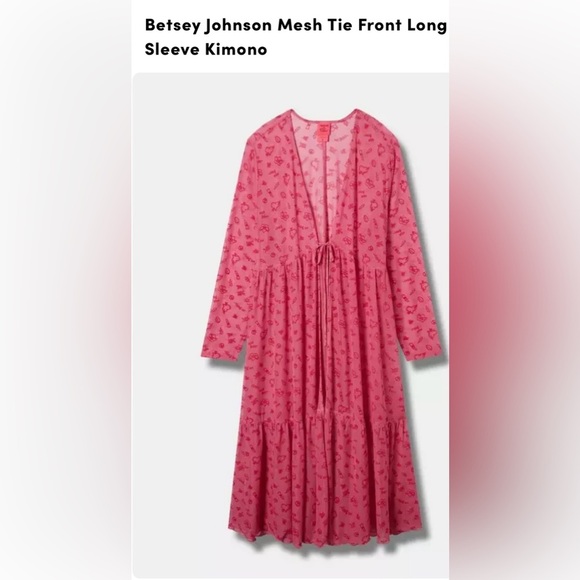Betsy Jonson Torrid Collab Pink Mesh Long Sleeve Tie Front Print Kimono Size 2 - Picture 4 of 12